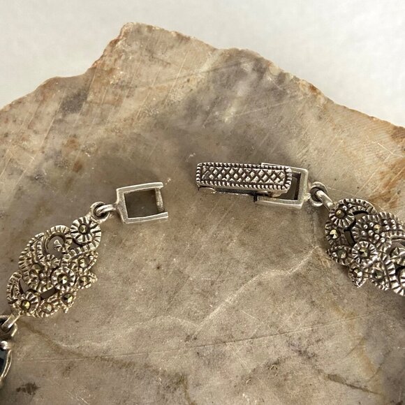 Sterling Silver 925 Multi Gemstone Marcasite Floral Link Bracelet 7.25" - Picture 11 of 16
